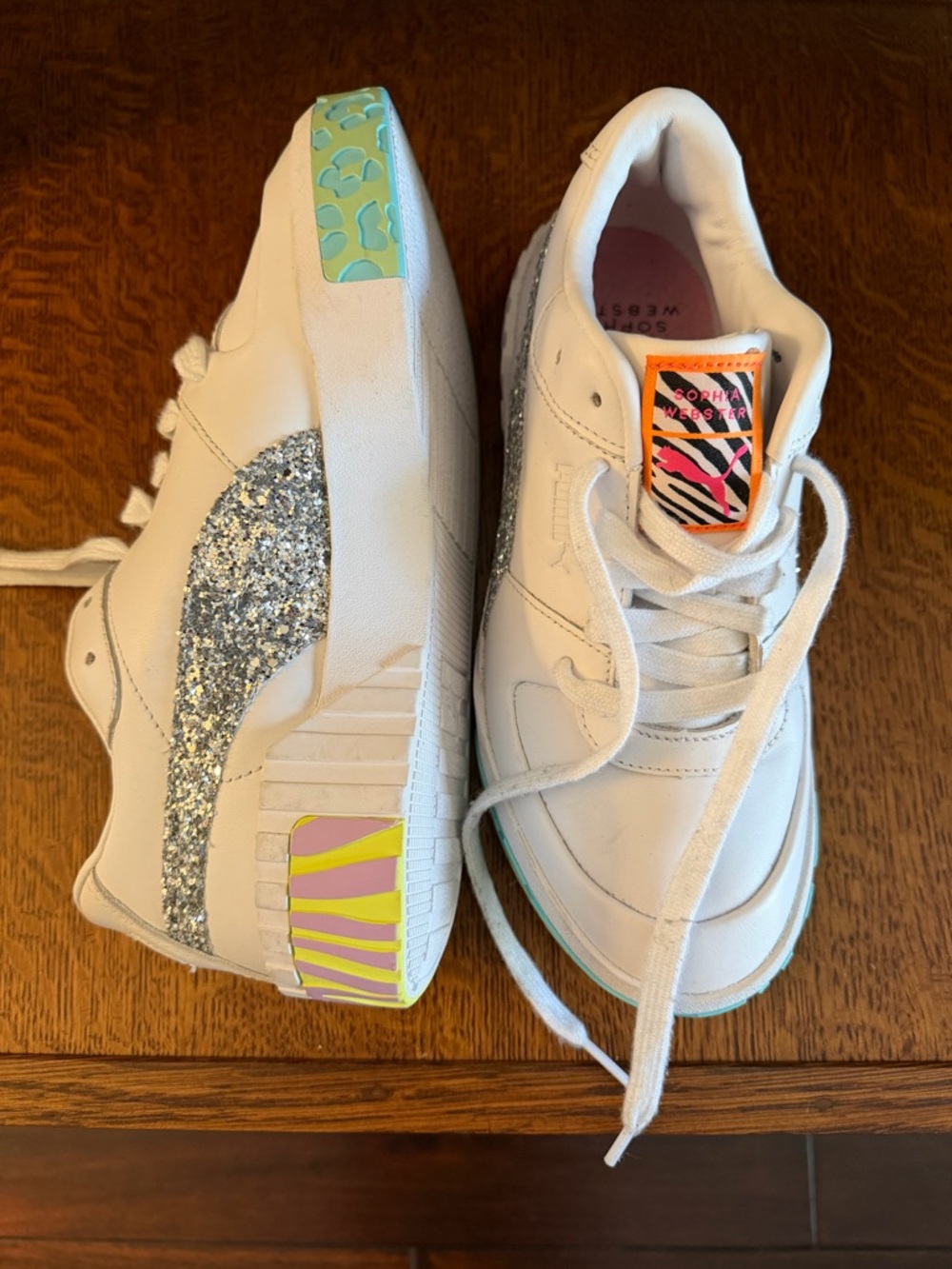 PUMA X Sophie Webster US 7 White Sneakers Silver Glitter and Multi Neon Accents